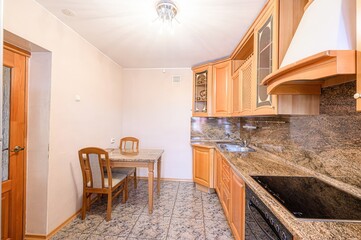 interior apartment kitchen and dining room, refectory area, cooking equipment, table furniture,...