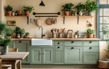 明るいキッチンインテリア 緑色のキャビネットと木製のカウンターに鉢植えの植物を配置 自然光が差し込む室内空間