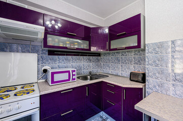 interior apartment kitchen and dining room, refectory area, cooking equipment, table furniture, stove