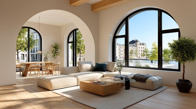 Modern open-plan living space with arched windows, showcasing city views and natural light