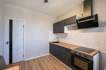 interior apartment kitchen and dining room, refectory area, cooking equipment, table furniture, stove