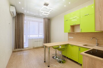 interior apartment kitchen and dining room, refectory area, cooking equipment, table furniture,...