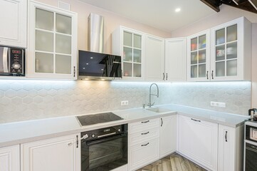 interior apartment kitchen and dining room, refectory area, cooking equipment, table furniture, stove