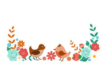A vector flat design featuring flowers and birds. Perfect for illustrations, decoration, or graphic projects