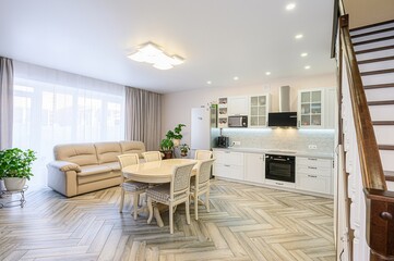 interior apartment kitchen and dining room, refectory area, cooking equipment, table furniture, stove