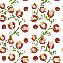A seamless floral folk art vector pattern featuring stylized red flowers with green stems and leaves, interspersed with circular red dots on a white background.