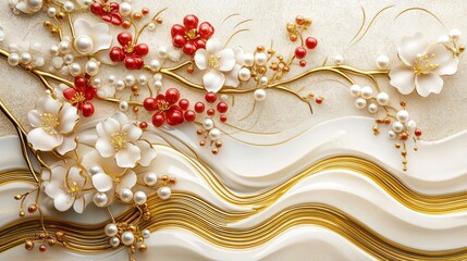 Ornate floral wallpaper design with gold accents