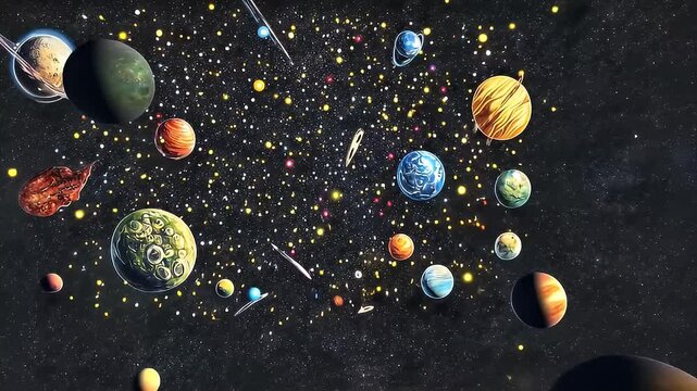 Pixelated Digital Artwork of Colorful Planets and Stars Against a Dark Cosmic Background Depicting Outer Space