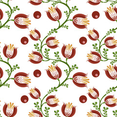 A seamless floral folk art vector pattern featuring stylized red flowers with yellow stamens, green leaves, and circular red accents on a white background.