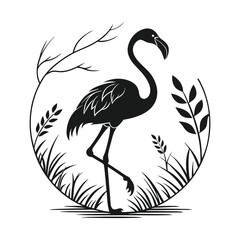Vector Illustration of a Flamingo Silhouette Standing Gracefully Among Leaves and Grass in a Decorative Circular Frame for Nature-Inspired and Wildlife Art Projects