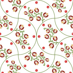 A seamless floral folk art vector pattern featuring red flowers with yellow accents and green leaves, arranged in a circular design with red dots on a white background.