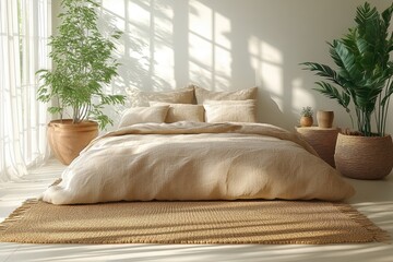 Bedroom with bed plants rug and natural light creating a cozy atmosphere.