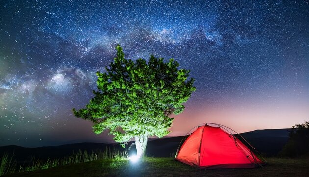 Luminous green tree and tent under the stars milky way - Powered by Adobe