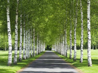 Fototapeta premium A serene tree-lined pathway featuring tall birch trees, creating a peaceful and inviting atmosphere.
