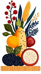Food security sustainability. A vibrant, stylized arrangement of fruits and foliage, showcasing colorful designs with elements like lemons, oranges, and various leaves.