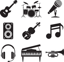 Black Silhouette Music Icons � Guitar, Drum Set, Microphone, Speaker, Violin, Music Note, Headphones, Piano, Trumpet
