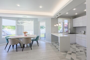 interior apartment kitchen and dining room, refectory area, cooking equipment, table furniture, stove