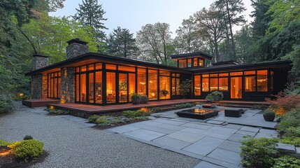 Illuminated Modern Home nestled in a serene forest setting at Dusk