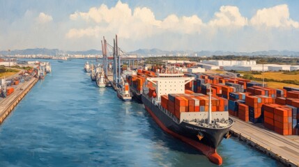 Obraz premium Cargo ships docked at a busy shipping port.