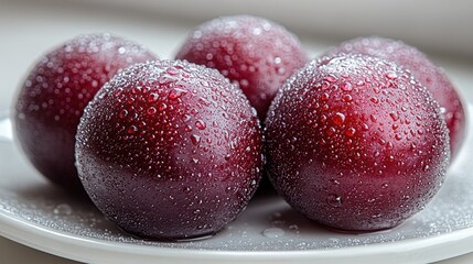 Fresh, plump plums covered in water droplets
