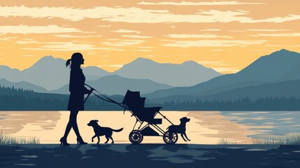 Silhouette stroll: Woman, stroller, and dogs enjoying a serene lakeside landscape