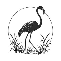 Vector Illustration of a Flamingo Silhouette Standing Gracefully Among Leaves and Grass in a Decorative Circular Frame for Nature-Inspired and Wildlife Art Projects