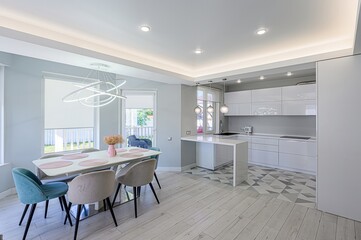 interior apartment kitchen and dining room, refectory area, cooking equipment, table furniture, stove