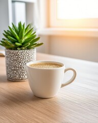 Coffee break workspace aesthetic in bright home office setting with indoor plants and relaxing environment
