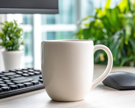 Coffee break workspace aesthetic modern workstation with tech accessories and coffee cup in bright office environment - Powered by Adobe