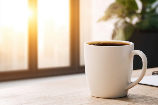 Coffee break aesthetic at workspace relaxing environment near window with hot drink inspiring productivity