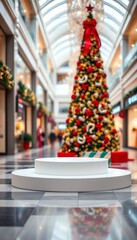 Fototapeta premium Empty white display podium in a festive shopping mall with a large Christmas tree. Holiday retail, commercial concept with copy space.