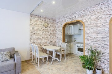 interior apartment kitchen and dining room, refectory area, cooking equipment, table furniture,...