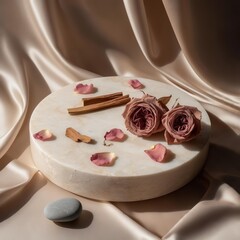 Stone slab with dusty pink roses sandalwood shavings and musk crystals on silk fabric with copy space for perfume skincare or beauty branding