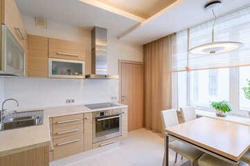 interior apartment kitchen and dining room, refectory area, cooking equipment, table furniture, stove