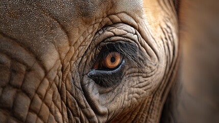 Fototapeta premium Close-up of an elephant’s eye capturing wrinkles and textures, symbolizing wisdom, memory, and natural strength