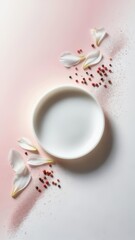 Porcelain disc with white petals pink pepper and mica powder on soft gradient background with copy space for perfume skincare or wellness branding