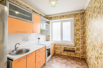 interior apartment kitchen and dining room, refectory area, cooking equipment, table furniture,...