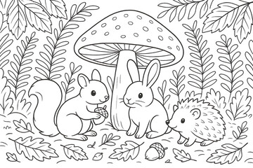 Cute Woodland Animals Forest Scene Coloring Page - Cozy Nature Gathering Art
