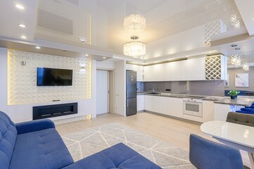 interior apartment kitchen and dining room, refectory area, cooking equipment, table furniture,...