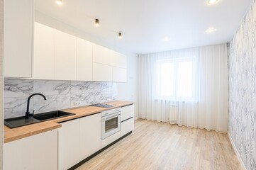 interior apartment kitchen and dining room, refectory area, cooking equipment, table furniture, stove