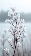 Obraz premium Frozen plant covered in frost with blurred background on a cold winter day.