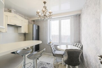 interior apartment kitchen and dining room, refectory area, cooking equipment, table furniture, stove