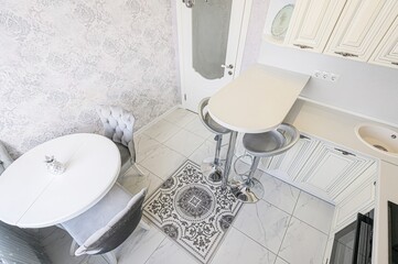 interior apartment kitchen and dining room, refectory area, cooking equipment, table furniture,...