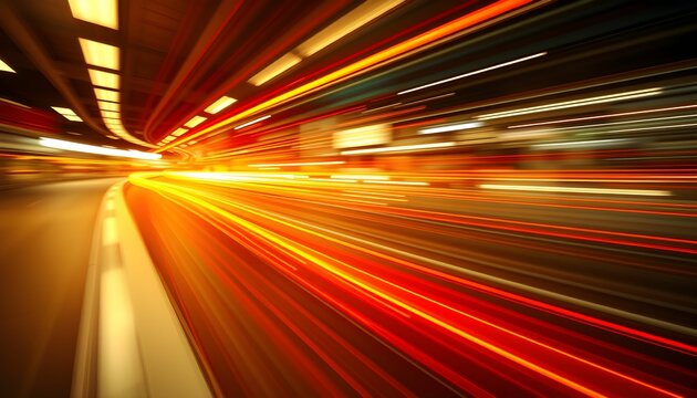 Long exposure night photography, urban light trails, streaking neon colors, blurred motion, dynamic city nightscape