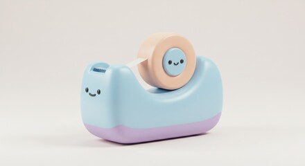 Pastel Blue Adhesive Tape Dispenser with Smiling Face.