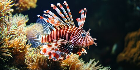 A stunning lionfish with red and white stripes resting near anemones and coral