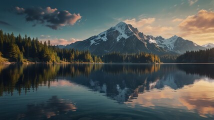 Sunset mountain lake reflection, serene nature scene, peaceful landscape, travel postcard
