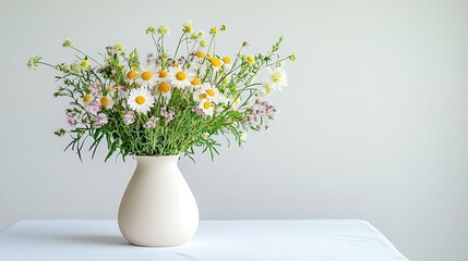 Elegant vase with wildflowers on white table natural decor indoor greenery
