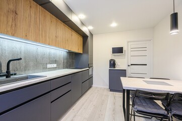 interior apartment kitchen and dining room, refectory area, cooking equipment, table furniture, stove