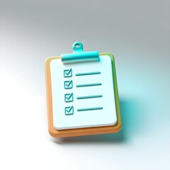 Clipboard with checklist, red checkmarks, minimalist design, clean lines, office supplies, productivity tool, 3D rendering, white background, organized